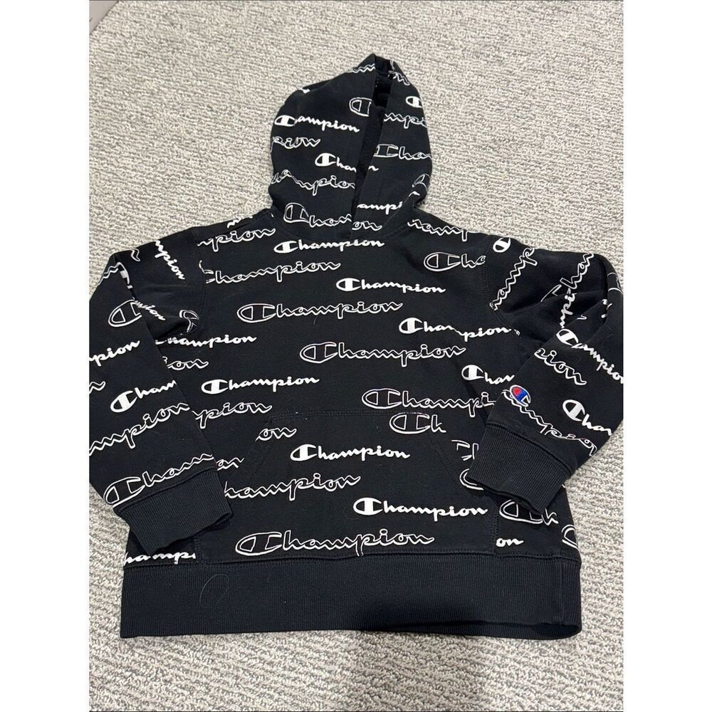 Champion Black Hoodie with White Logo Allover